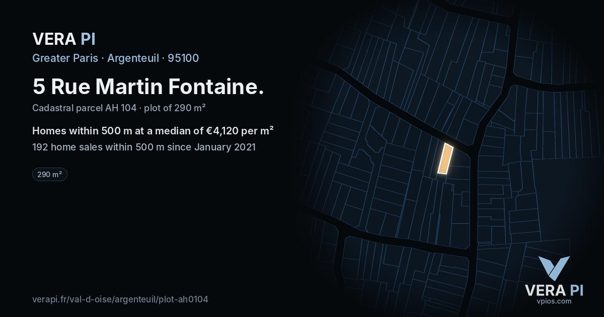 5 Rue Martin Fontaine, Argenteuil at night – the plot lit, the parcels around coloured by the prices near them