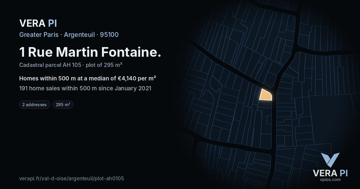 1 Rue Martin Fontaine, Argenteuil at night – the plot lit, the parcels around coloured by the prices near them