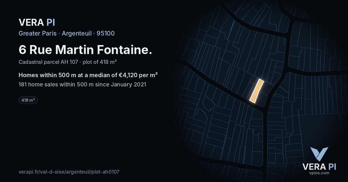 6 Rue Martin Fontaine, Argenteuil at night – the plot lit, the parcels around coloured by the prices near them