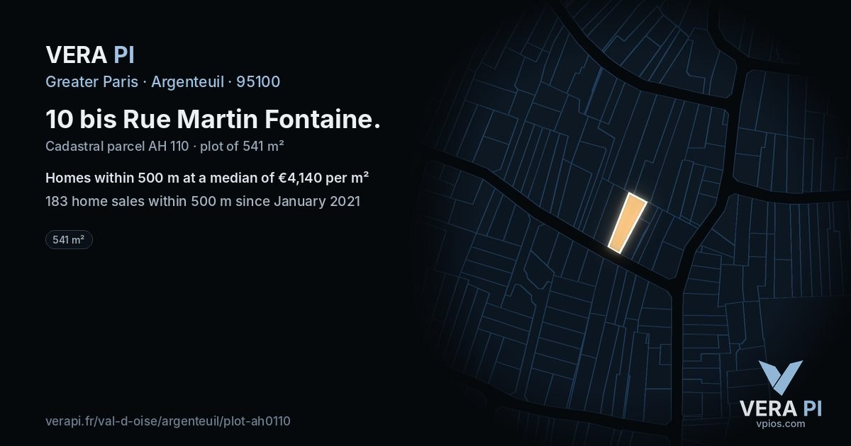 10 bis Rue Martin Fontaine, Argenteuil at night – the plot lit, the parcels around coloured by the prices near them