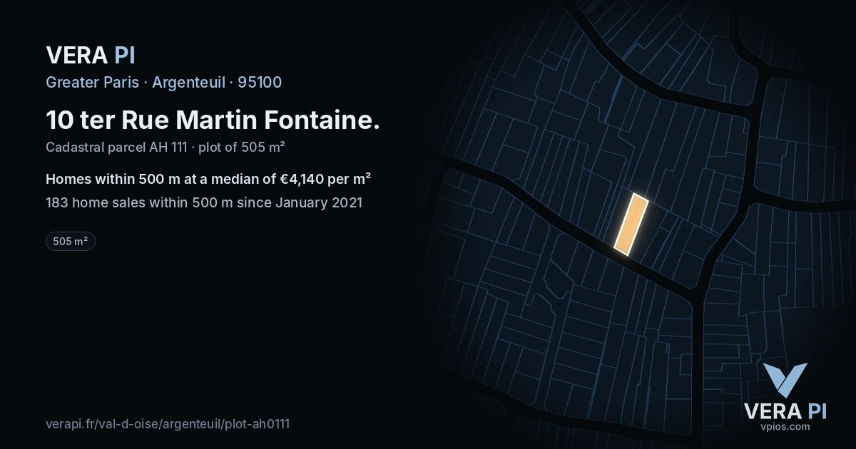 10 ter Rue Martin Fontaine, Argenteuil at night – the plot lit, the parcels around coloured by the prices near them