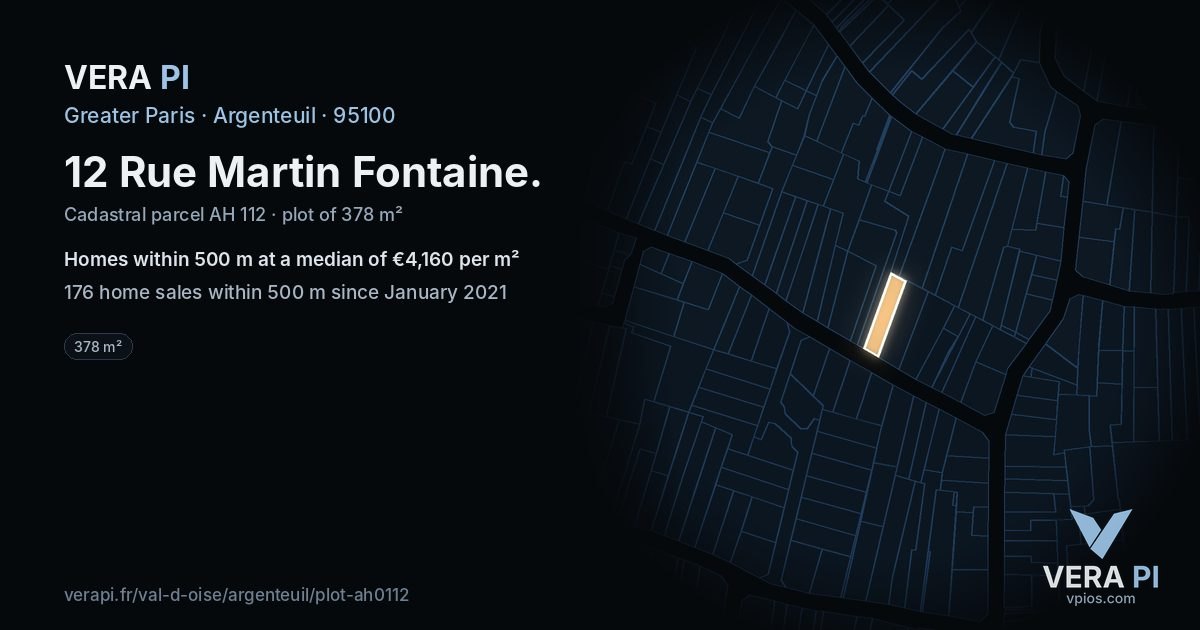 12 Rue Martin Fontaine, Argenteuil at night – the plot lit, the parcels around coloured by the prices near them