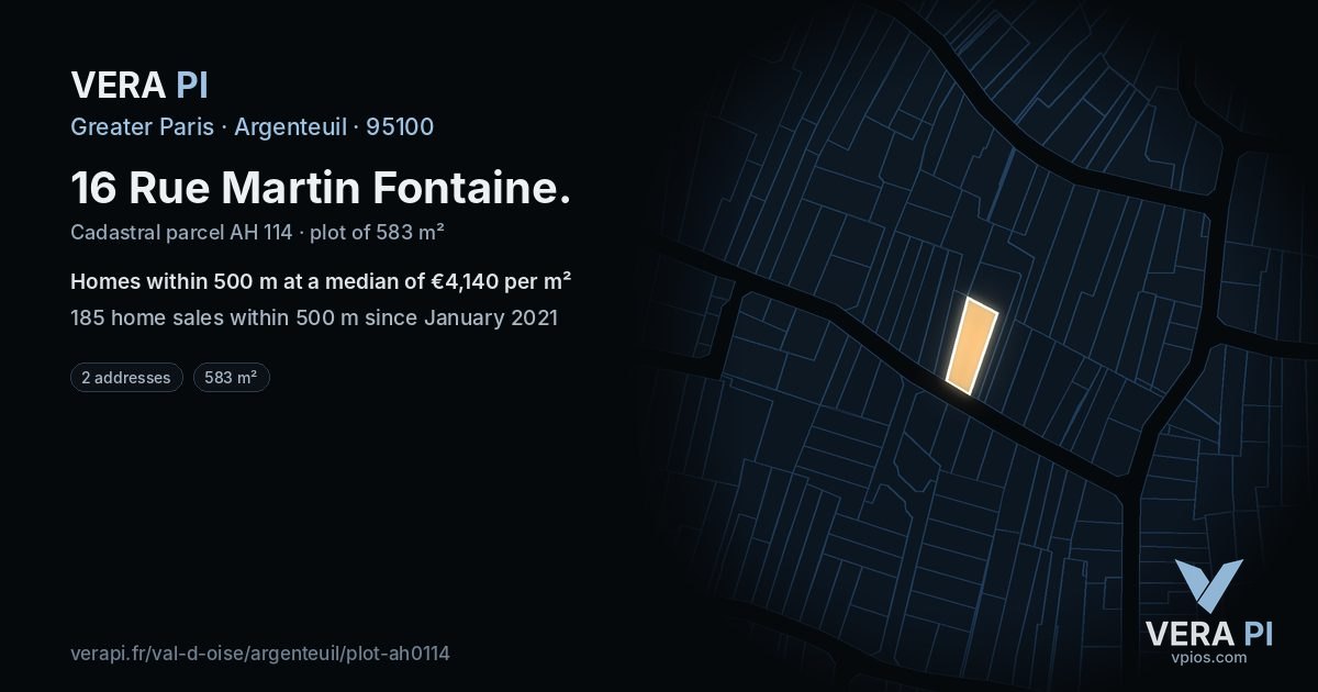 16 Rue Martin Fontaine, Argenteuil at night – the plot lit, the parcels around coloured by the prices near them