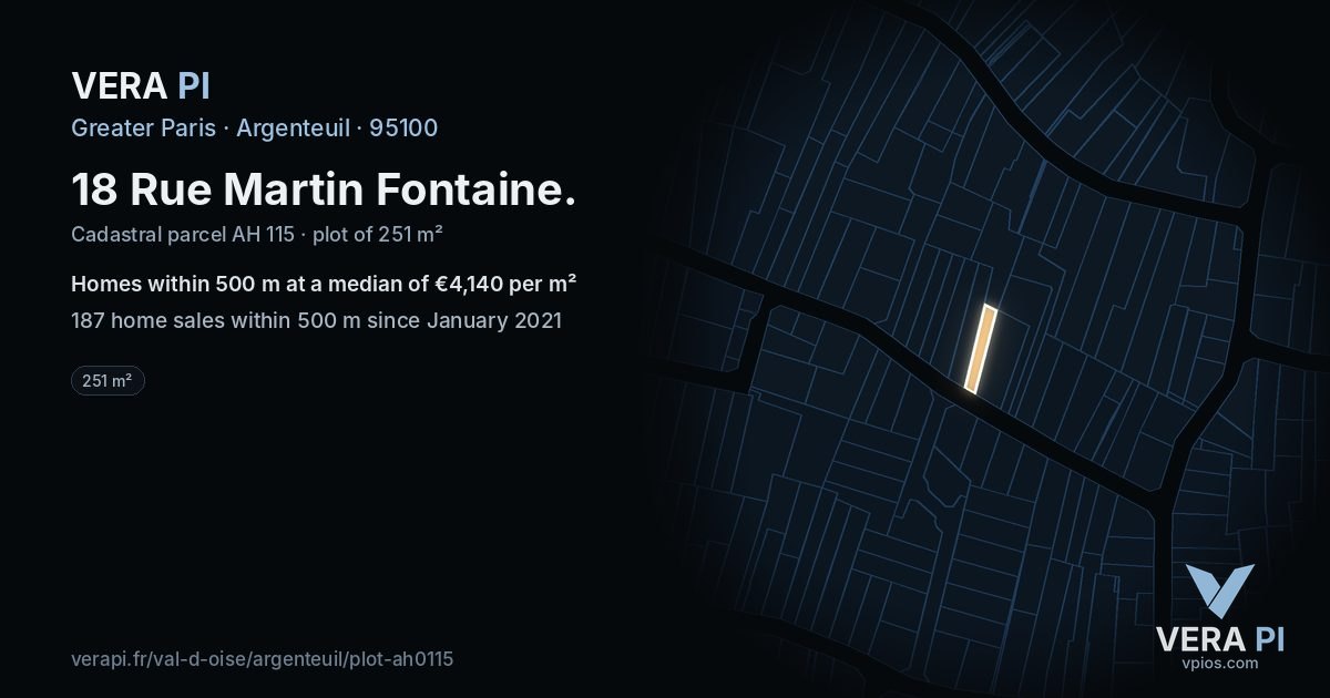 18 Rue Martin Fontaine, Argenteuil at night – the plot lit, the parcels around coloured by the prices near them