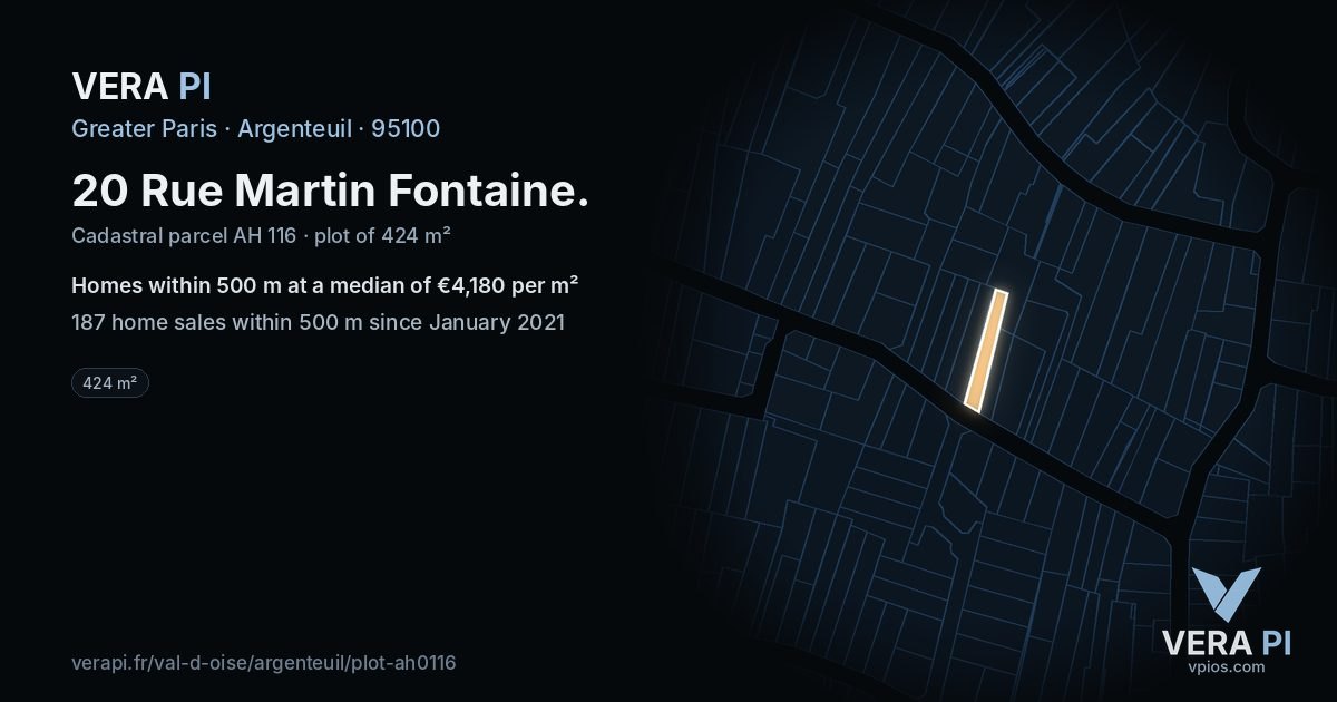 20 Rue Martin Fontaine, Argenteuil at night – the plot lit, the parcels around coloured by the prices near them