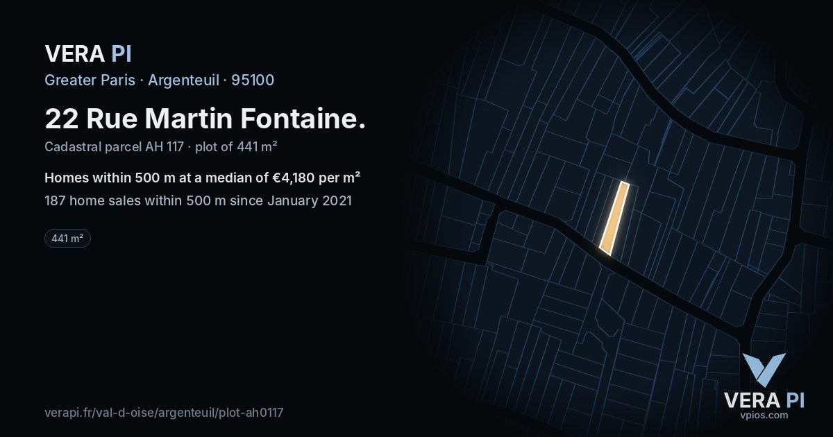 22 Rue Martin Fontaine, Argenteuil at night – the plot lit, the parcels around coloured by the prices near them