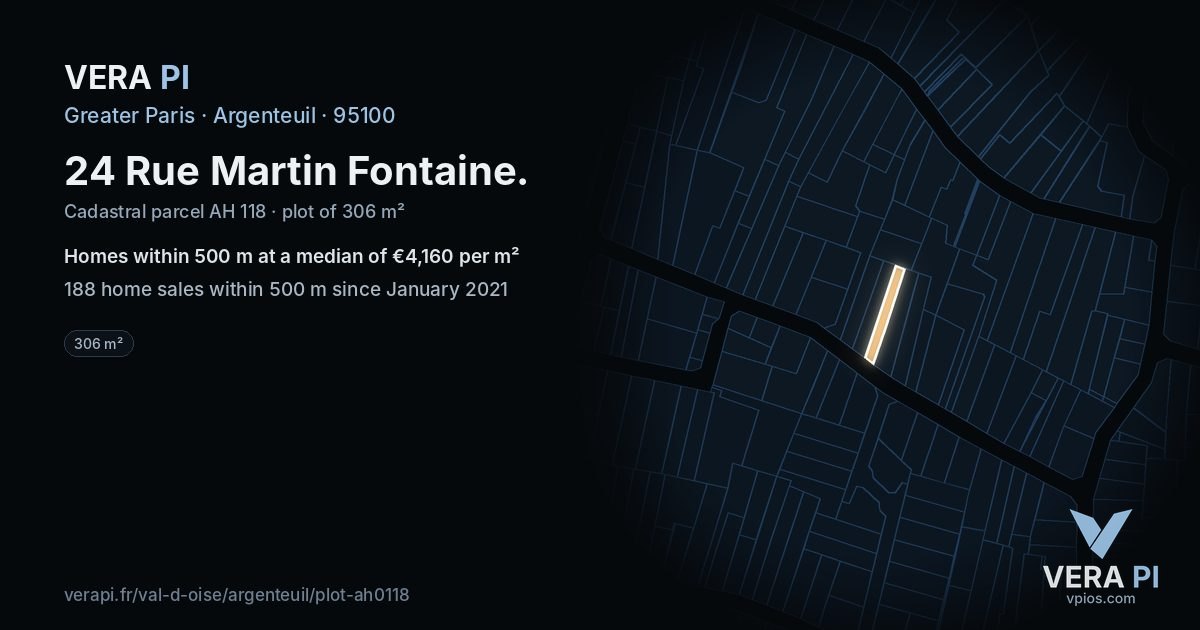 24 Rue Martin Fontaine, Argenteuil at night – the plot lit, the parcels around coloured by the prices near them