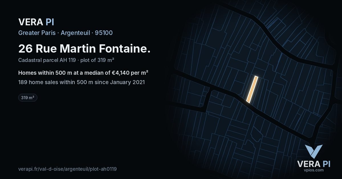 26 Rue Martin Fontaine, Argenteuil at night – the plot lit, the parcels around coloured by the prices near them