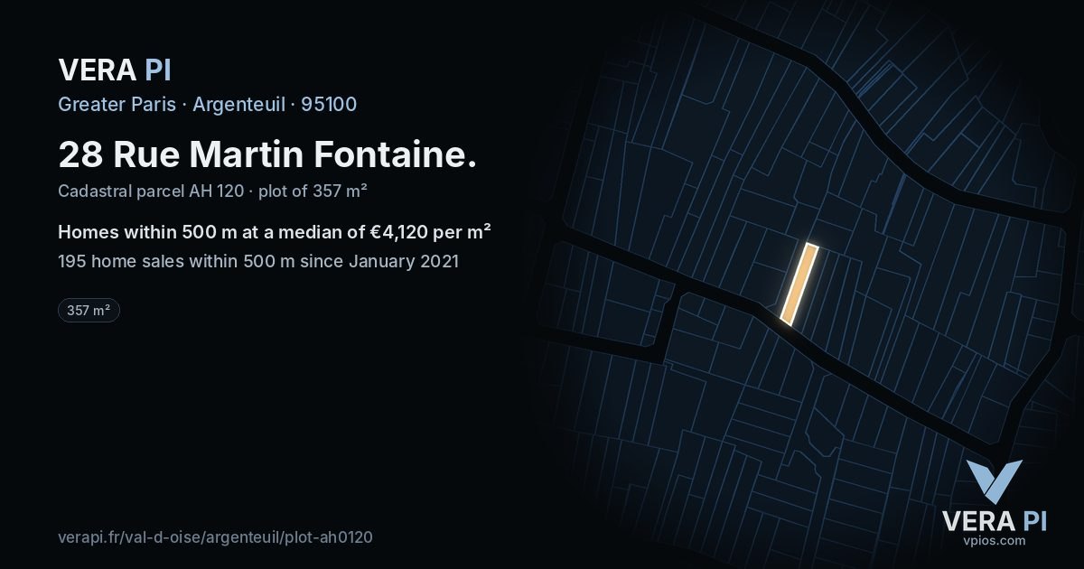 28 Rue Martin Fontaine, Argenteuil at night – the plot lit, the parcels around coloured by the prices near them