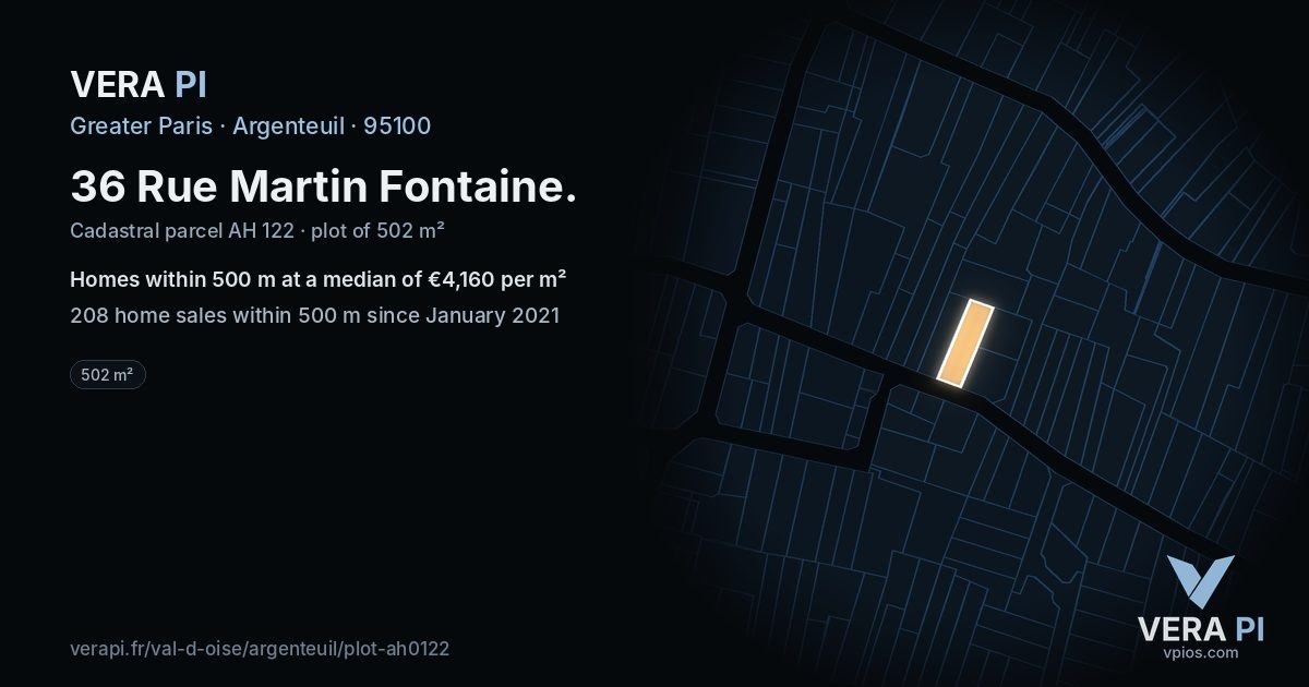 36 Rue Martin Fontaine, Argenteuil at night – the plot lit, the parcels around coloured by the prices near them