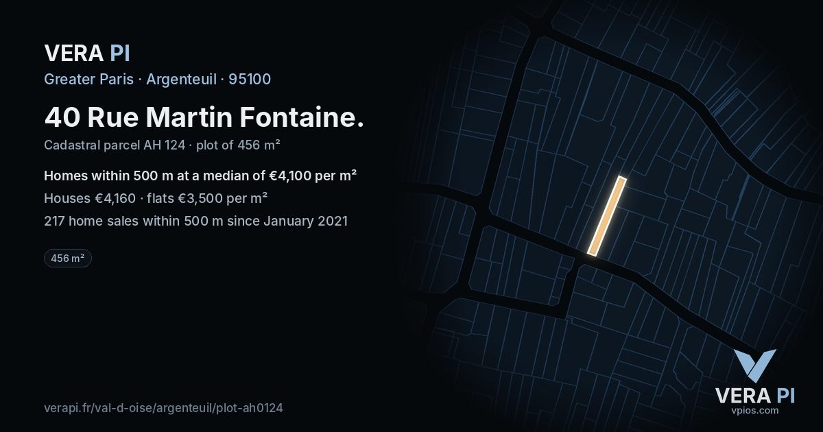 40 Rue Martin Fontaine, Argenteuil at night – the plot lit, the parcels around coloured by the prices near them