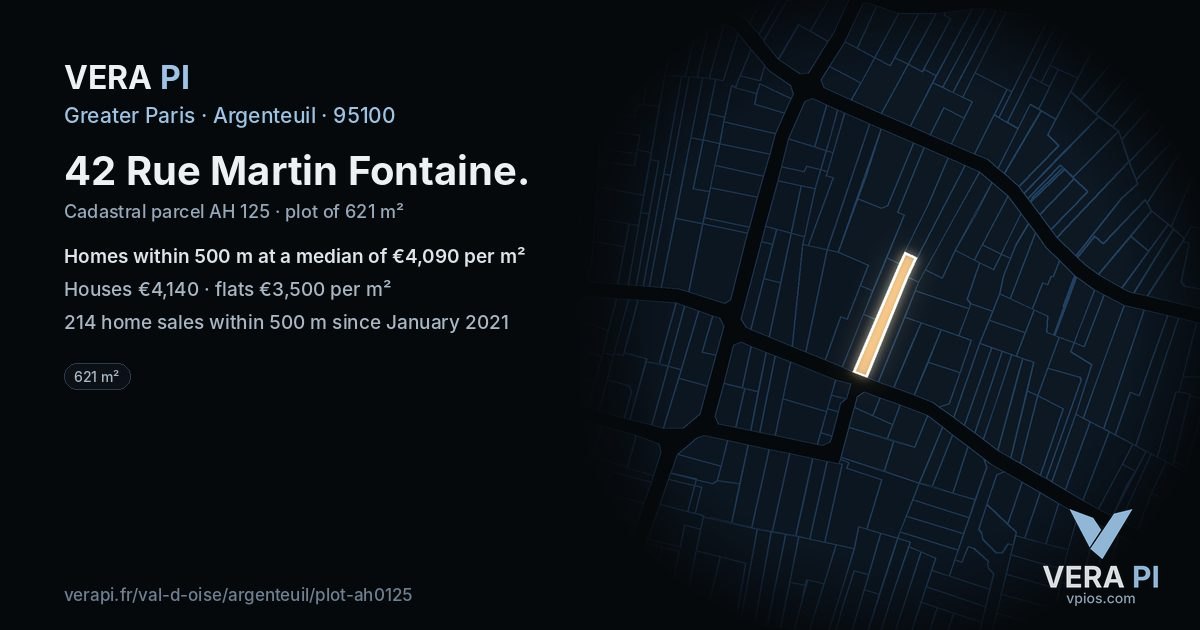 42 Rue Martin Fontaine, Argenteuil at night – the plot lit, the parcels around coloured by the prices near them
