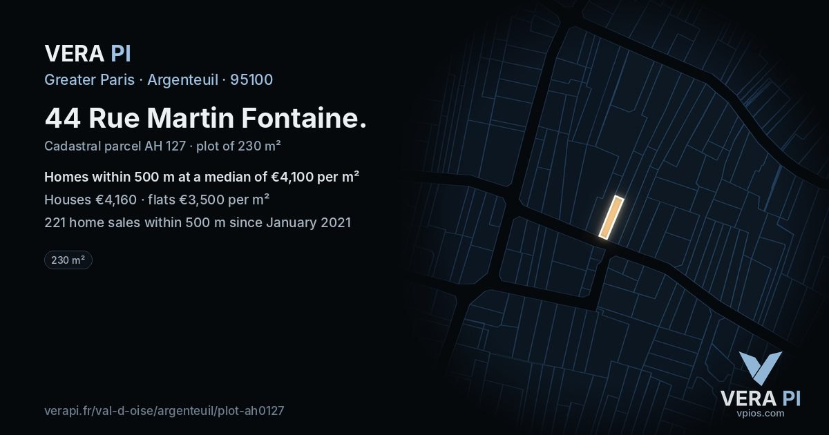 44 Rue Martin Fontaine, Argenteuil at night – the plot lit, the parcels around coloured by the prices near them