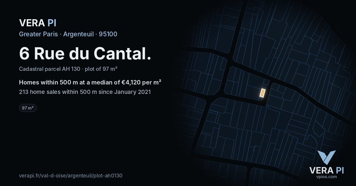 6 Rue du Cantal, Argenteuil at night – the plot lit, the parcels around coloured by the prices near them