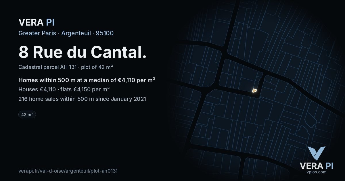 8 Rue du Cantal, Argenteuil at night – the plot lit, the parcels around coloured by the prices near them