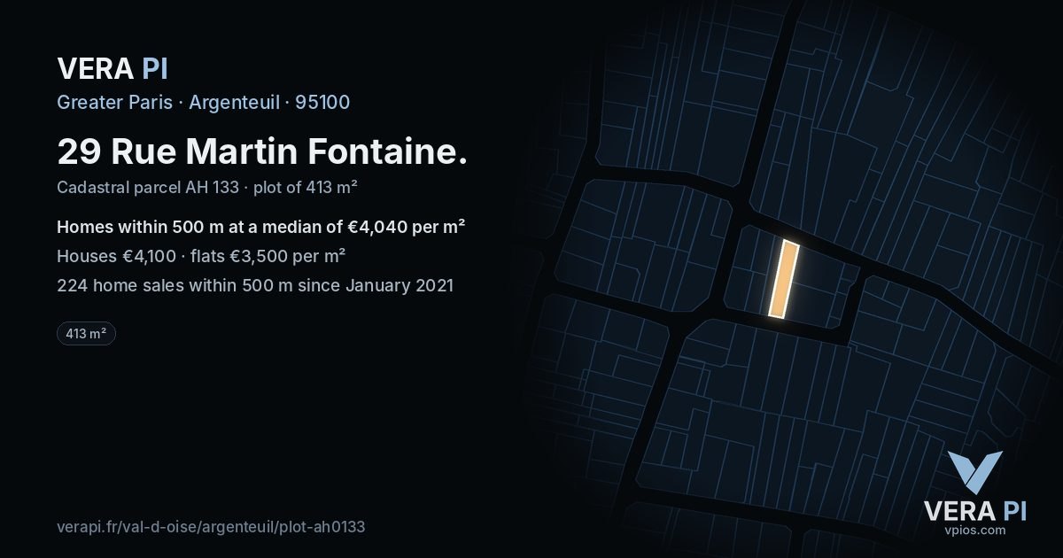 29 Rue Martin Fontaine, Argenteuil at night – the plot lit, the parcels around coloured by the prices near them