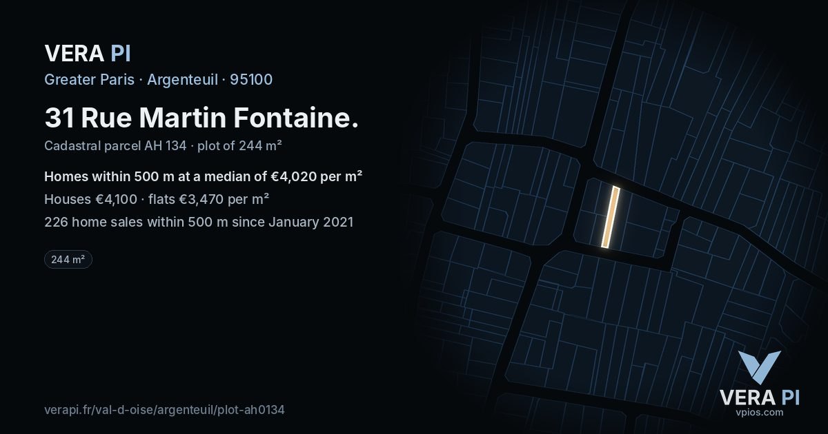 31 Rue Martin Fontaine, Argenteuil at night – the plot lit, the parcels around coloured by the prices near them