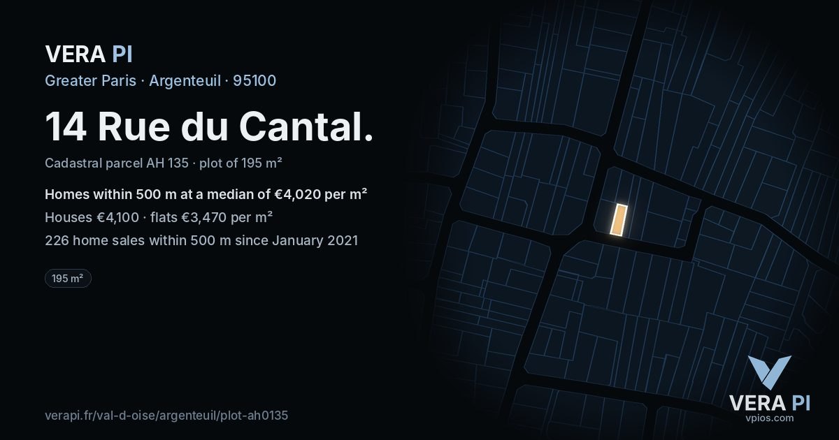14 Rue du Cantal, Argenteuil at night – the plot lit, the parcels around coloured by the prices near them
