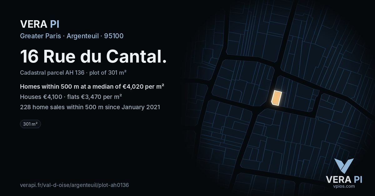 16 Rue du Cantal, Argenteuil at night – the plot lit, the parcels around coloured by the prices near them