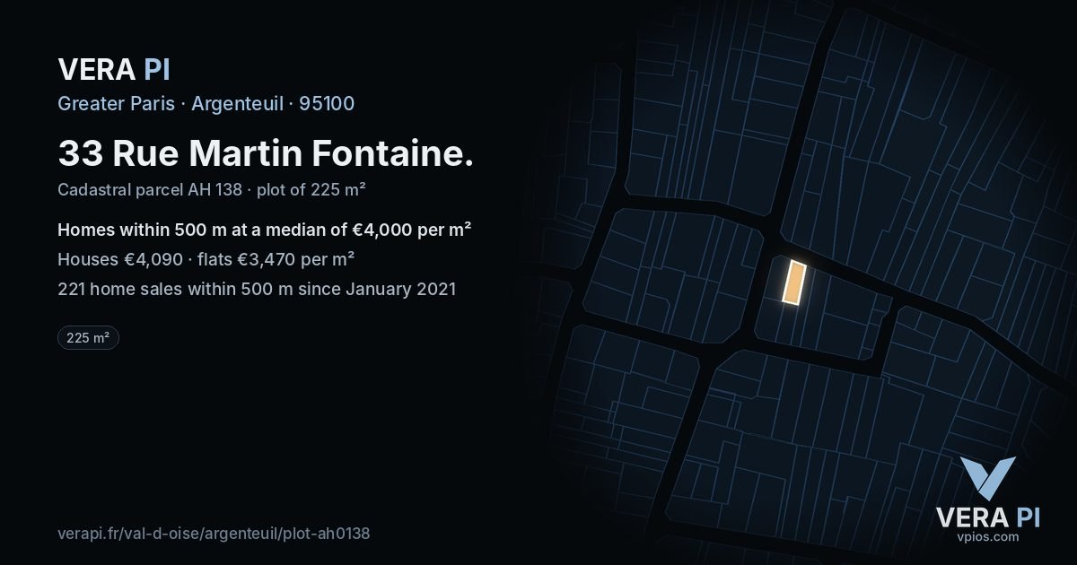 33 Rue Martin Fontaine, Argenteuil at night – the plot lit, the parcels around coloured by the prices near them