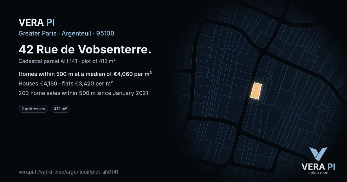 42 Rue de Vobsenterre, Argenteuil at night – the plot lit, the parcels around coloured by the prices near them