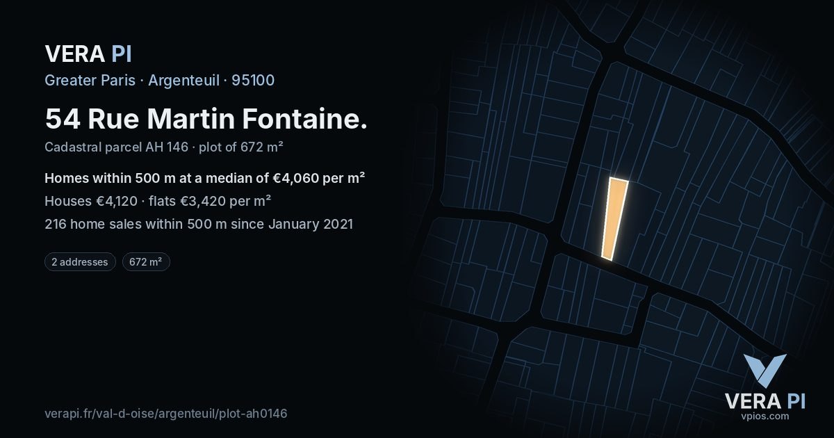 54 Rue Martin Fontaine, Argenteuil at night – the plot lit, the parcels around coloured by the prices near them