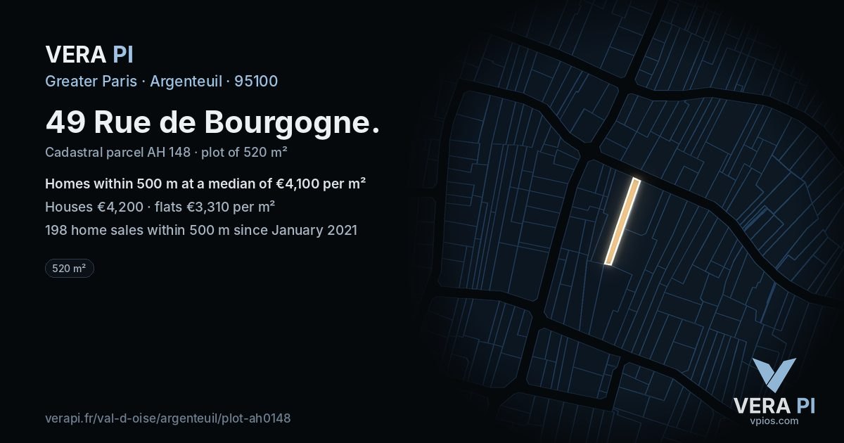 49 Rue de Bourgogne, Argenteuil at night – the plot lit, the parcels around coloured by the prices near them