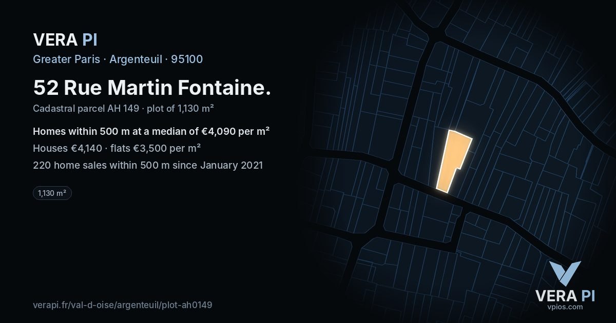 52 Rue Martin Fontaine, Argenteuil at night – the plot lit, the parcels around coloured by the prices near them