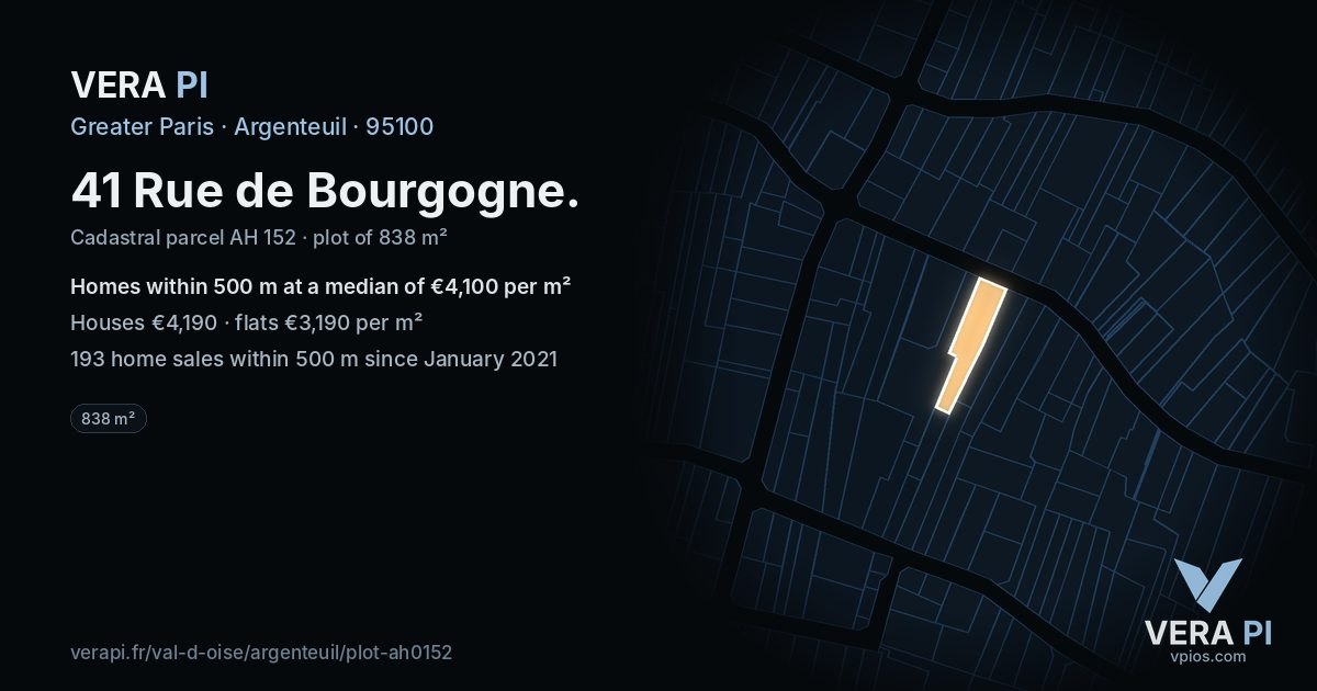 41 Rue de Bourgogne, Argenteuil at night – the plot lit, the parcels around coloured by the prices near them