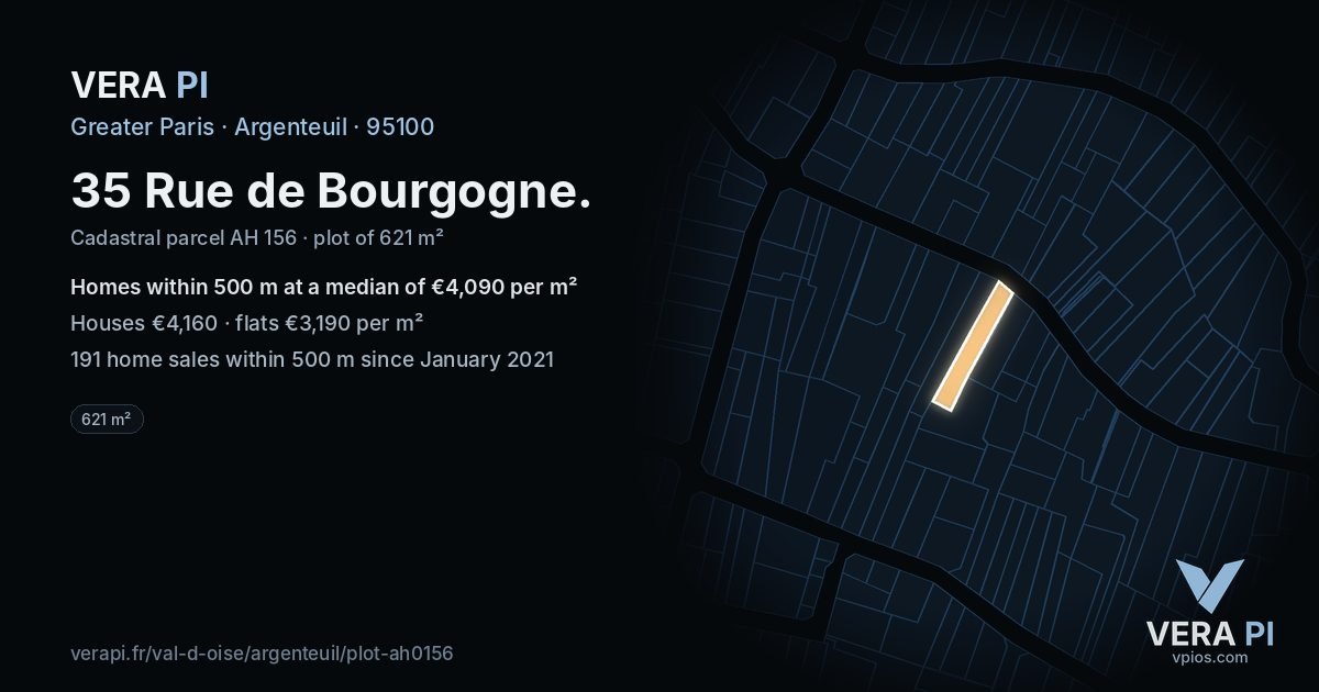 35 Rue de Bourgogne, Argenteuil at night – the plot lit, the parcels around coloured by the prices near them