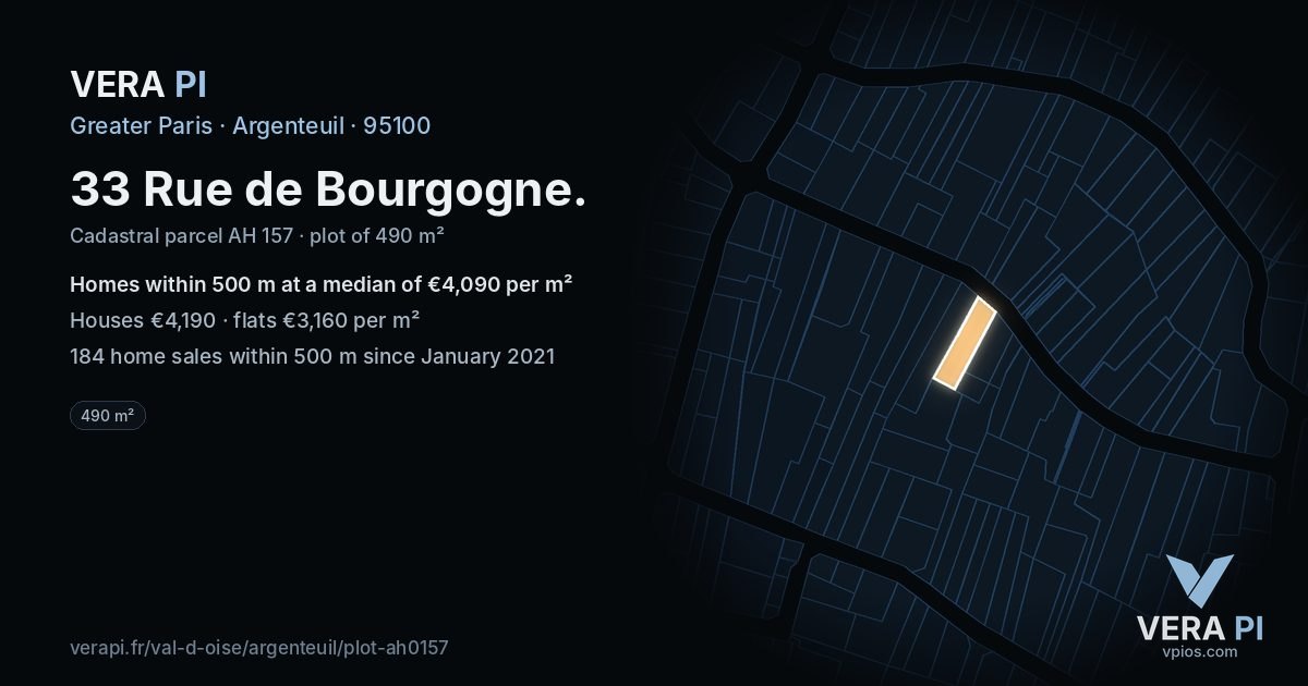 33 Rue de Bourgogne, Argenteuil at night – the plot lit, the parcels around coloured by the prices near them