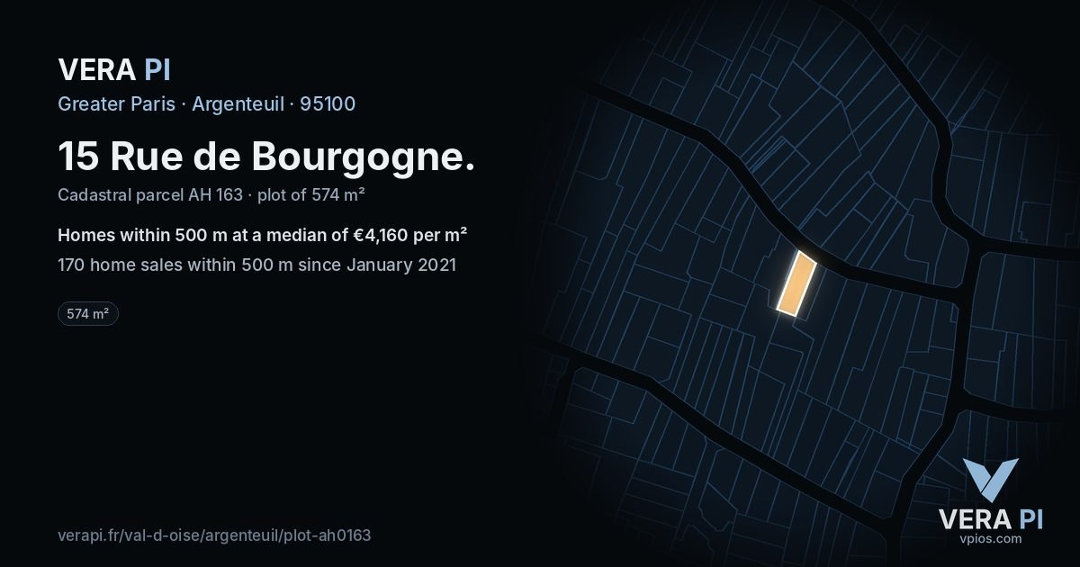15 Rue de Bourgogne, Argenteuil at night – the plot lit, the parcels around coloured by the prices near them