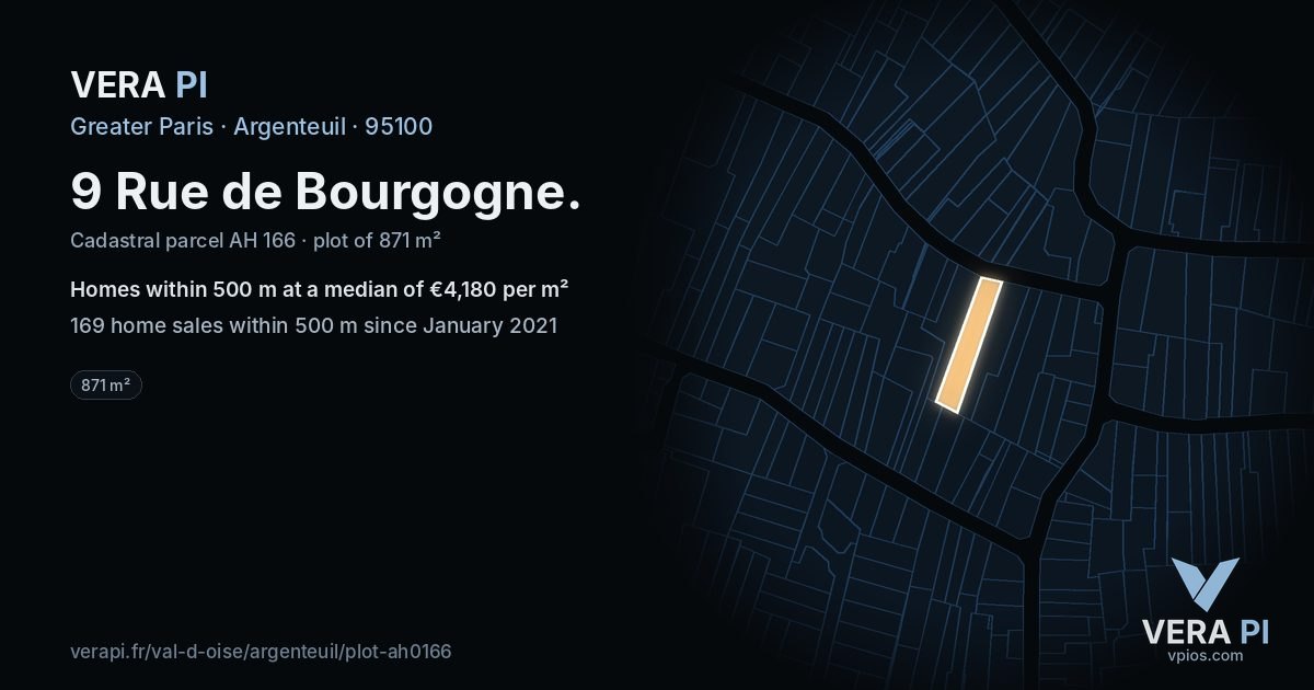 9 Rue de Bourgogne, Argenteuil at night – the plot lit, the parcels around coloured by the prices near them