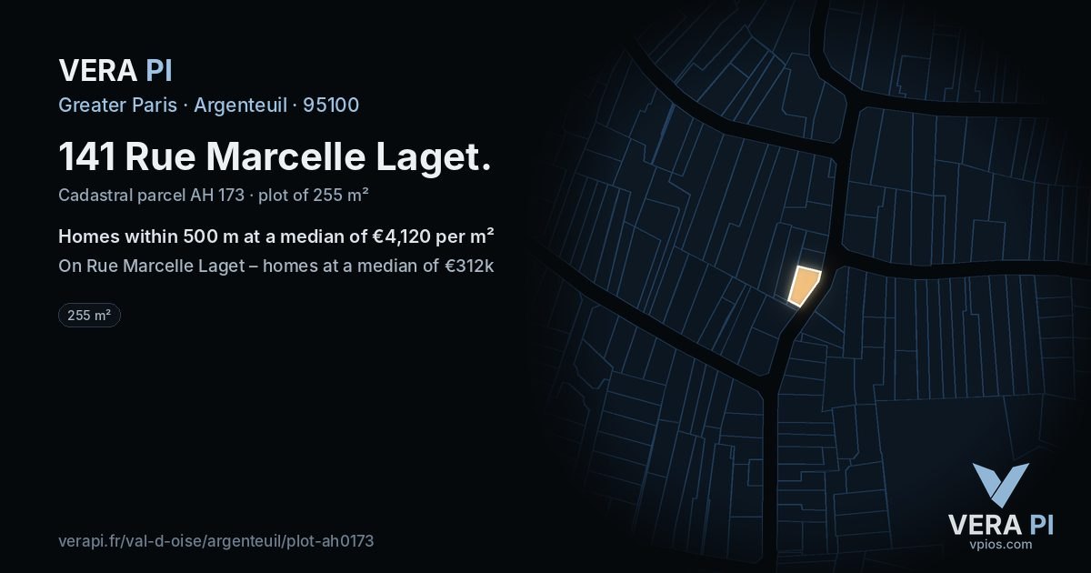 141 Rue Marcelle Laget, Argenteuil at night – the plot lit, the parcels around coloured by the prices near them