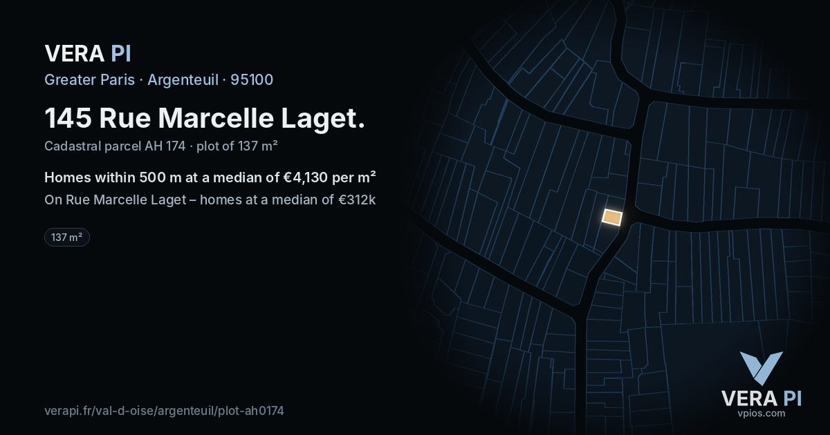 145 Rue Marcelle Laget, Argenteuil at night – the plot lit, the parcels around coloured by the prices near them