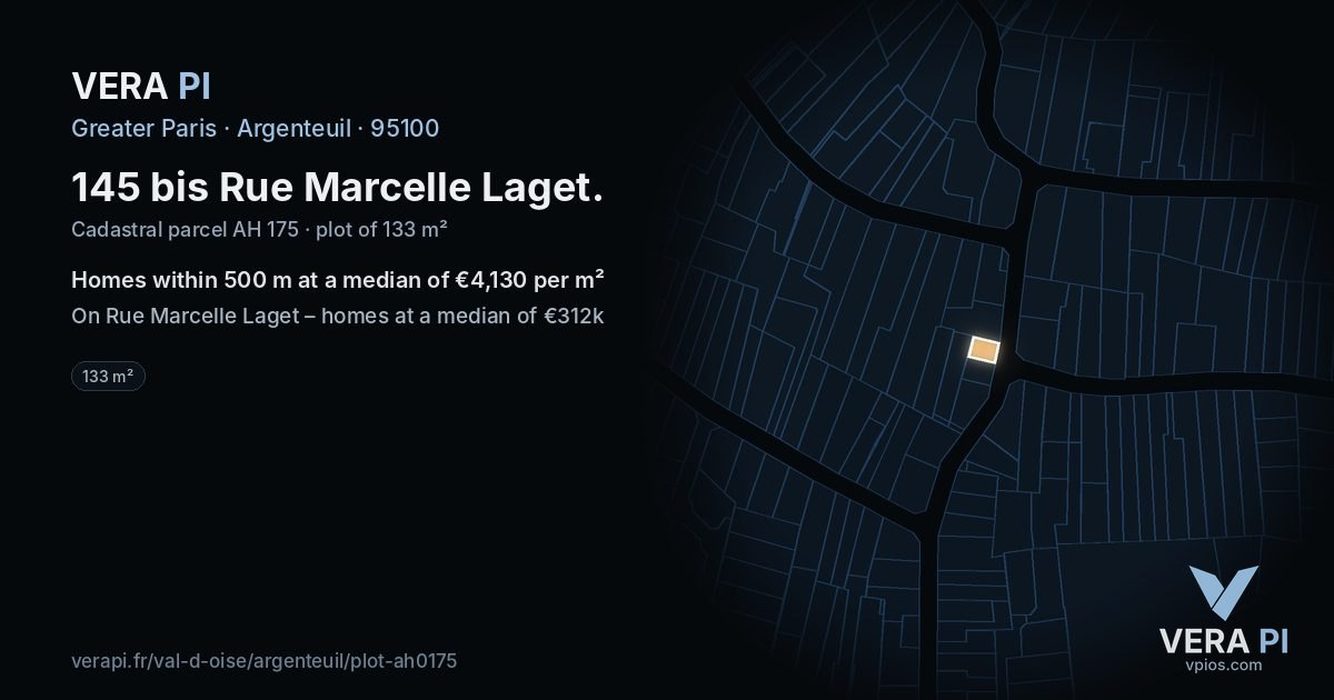 145 bis Rue Marcelle Laget, Argenteuil at night – the plot lit, the parcels around coloured by the prices near them