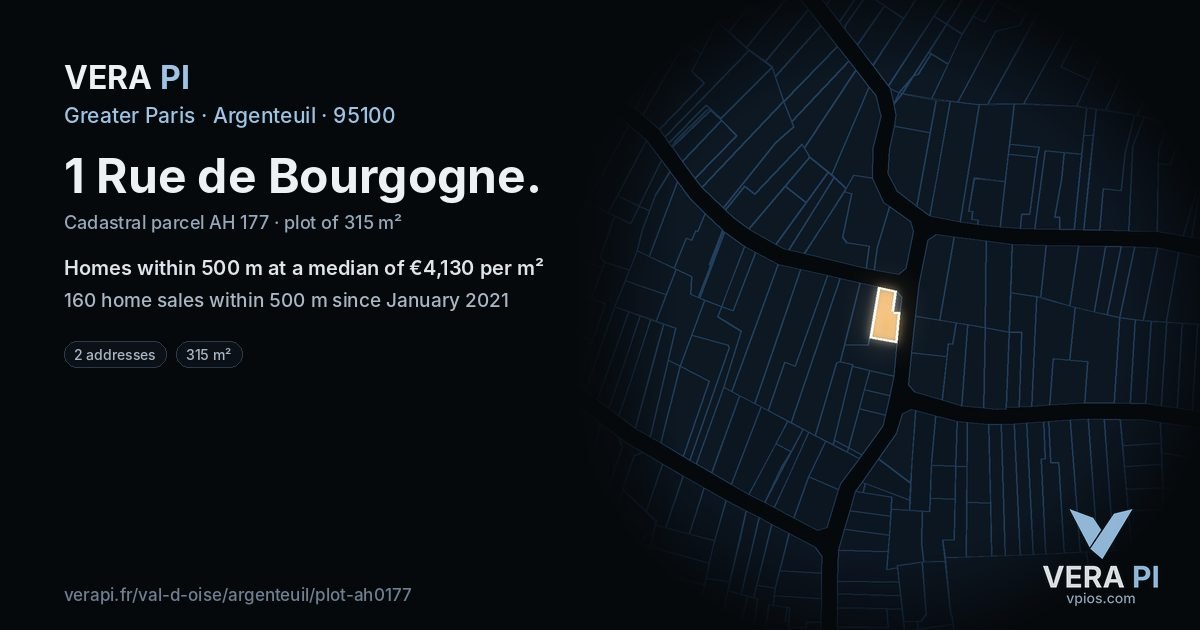 1 Rue de Bourgogne, Argenteuil at night – the plot lit, the parcels around coloured by the prices near them