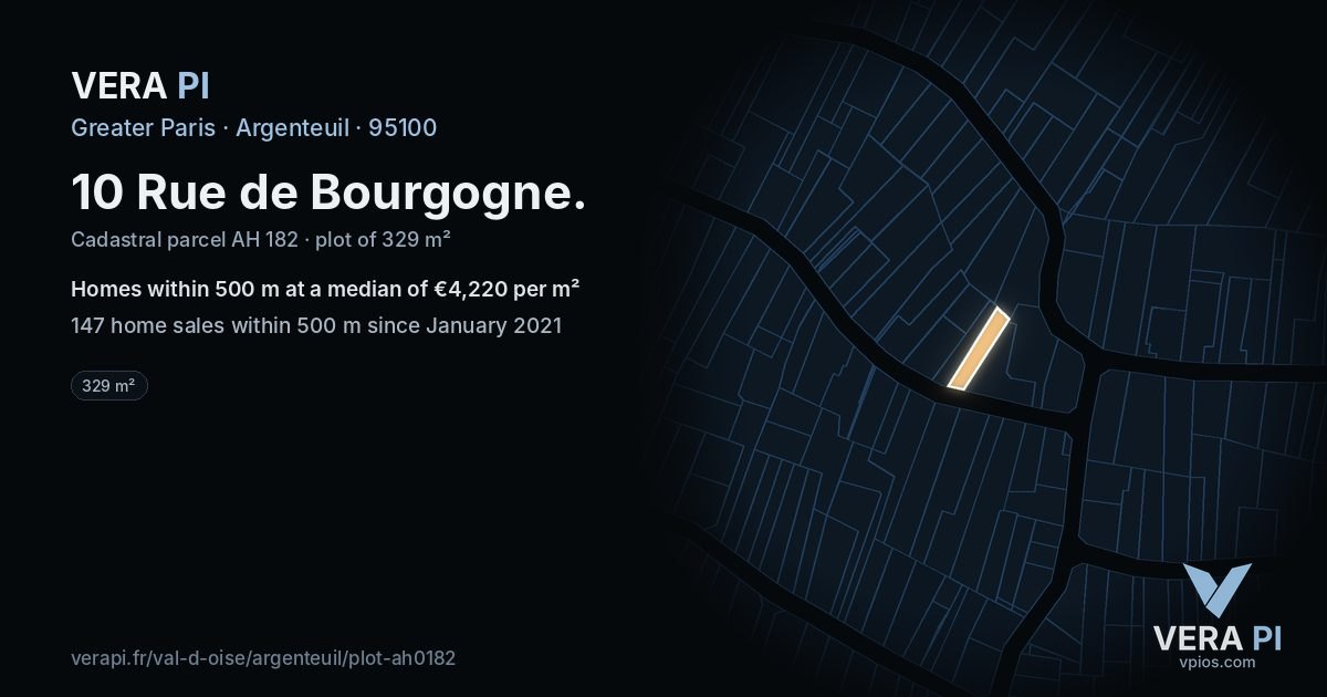 10 Rue de Bourgogne, Argenteuil at night – the plot lit, the parcels around coloured by the prices near them