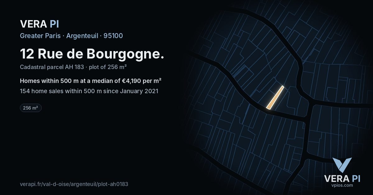 12 Rue de Bourgogne, Argenteuil at night – the plot lit, the parcels around coloured by the prices near them