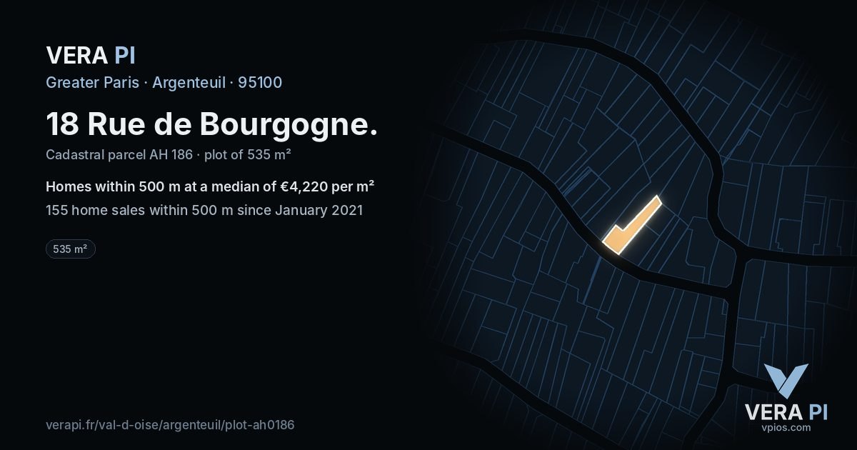 18 Rue de Bourgogne, Argenteuil at night – the plot lit, the parcels around coloured by the prices near them