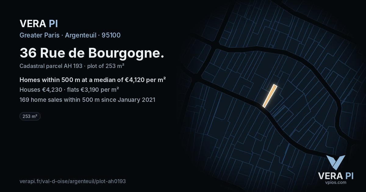 36 Rue de Bourgogne, Argenteuil at night – the plot lit, the parcels around coloured by the prices near them