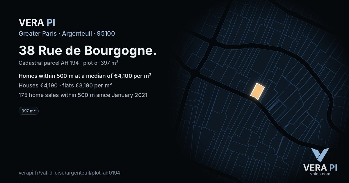 38 Rue de Bourgogne, Argenteuil at night – the plot lit, the parcels around coloured by the prices near them