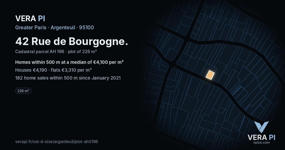 42 Rue de Bourgogne, Argenteuil at night – the plot lit, the parcels around coloured by the prices near them