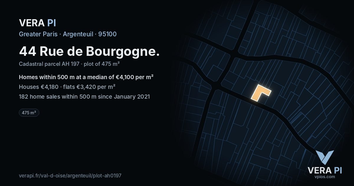 44 Rue de Bourgogne, Argenteuil at night – the plot lit, the parcels around coloured by the prices near them