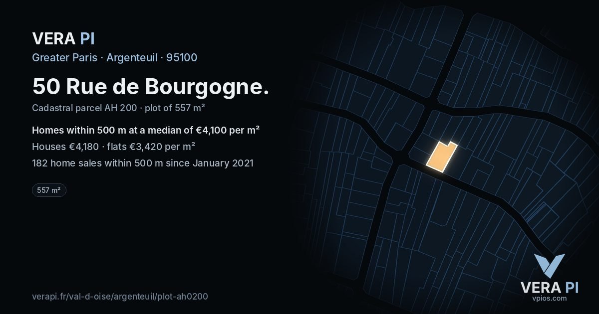 50 Rue de Bourgogne, Argenteuil at night – the plot lit, the parcels around coloured by the prices near them