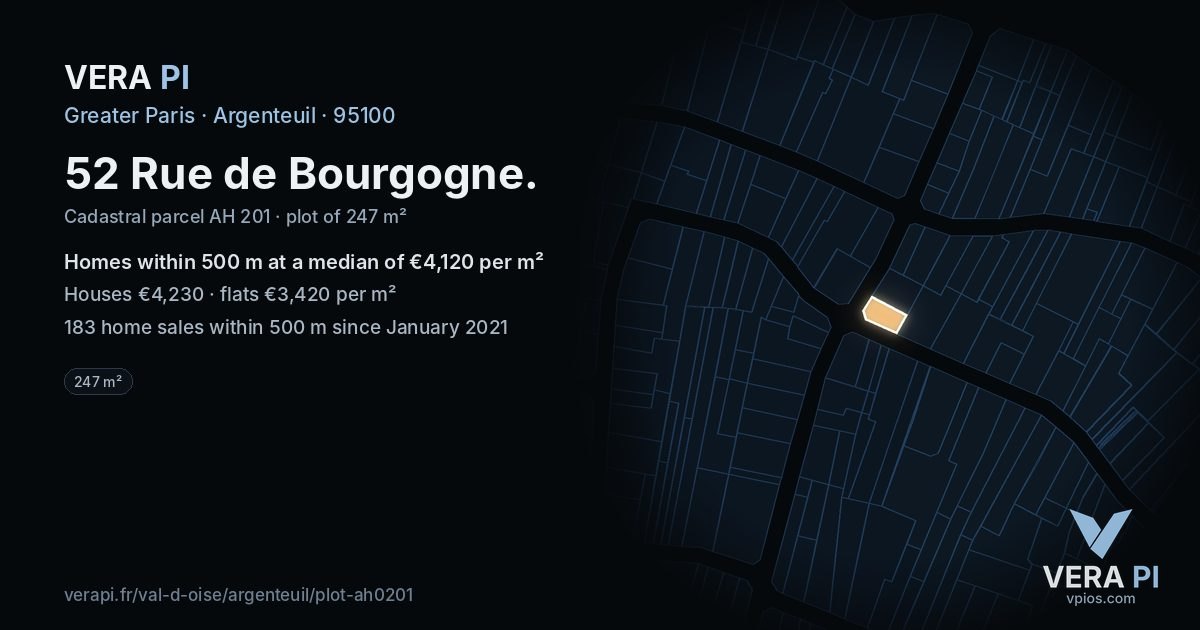 52 Rue de Bourgogne, Argenteuil at night – the plot lit, the parcels around coloured by the prices near them