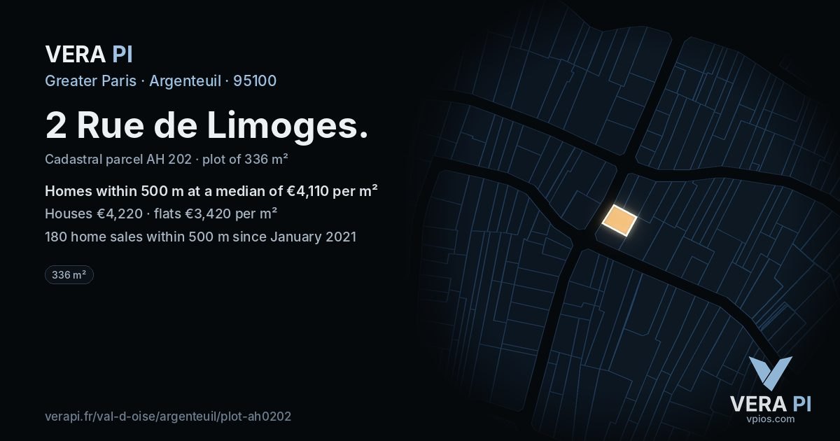 2 Rue de Limoges, Argenteuil at night – the plot lit, the parcels around coloured by the prices near them