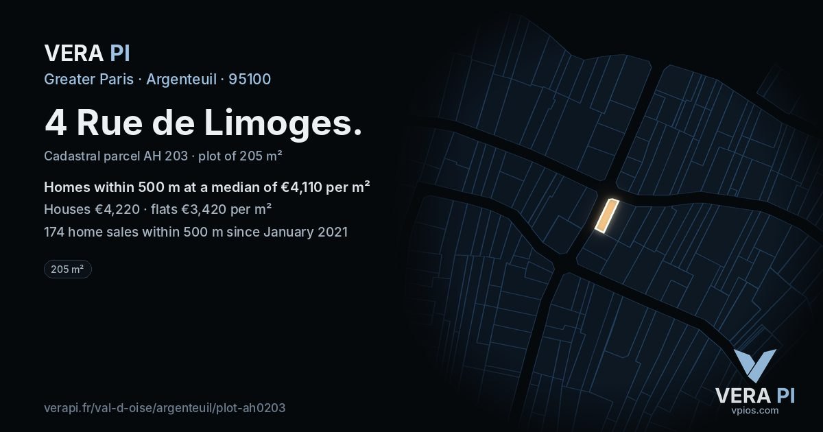 4 Rue de Limoges, Argenteuil at night – the plot lit, the parcels around coloured by the prices near them