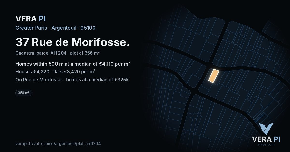 37 Rue de Morifosse, Argenteuil at night – the plot lit, the parcels around coloured by the prices near them