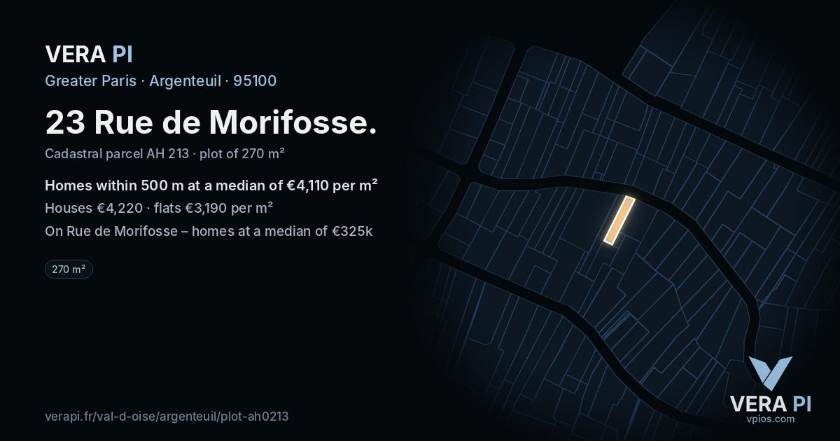 23 Rue de Morifosse, Argenteuil at night – the plot lit, the parcels around coloured by the prices near them